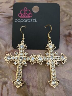 paparazzi Gold Cross Dangle Earrings with Clear Crystals